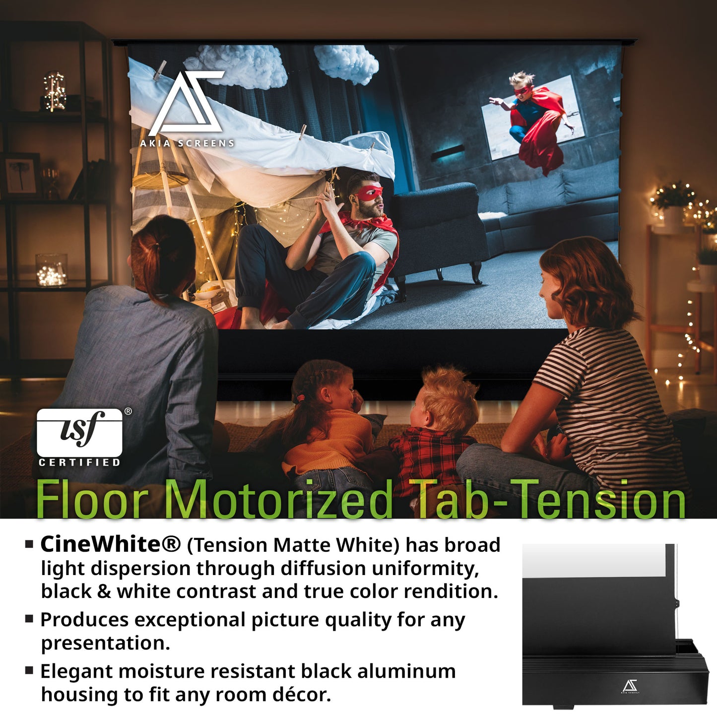 Floor Motorized Tab-Tension CineWhite® (Matte White) Projection Screen