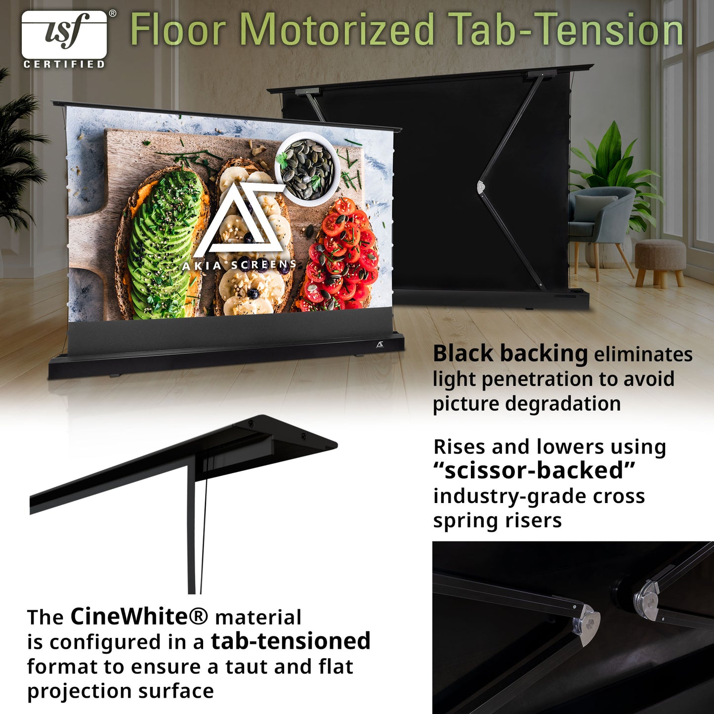 Floor Motorized Tab-Tension CineWhite® (Matte White) Projection Screen
