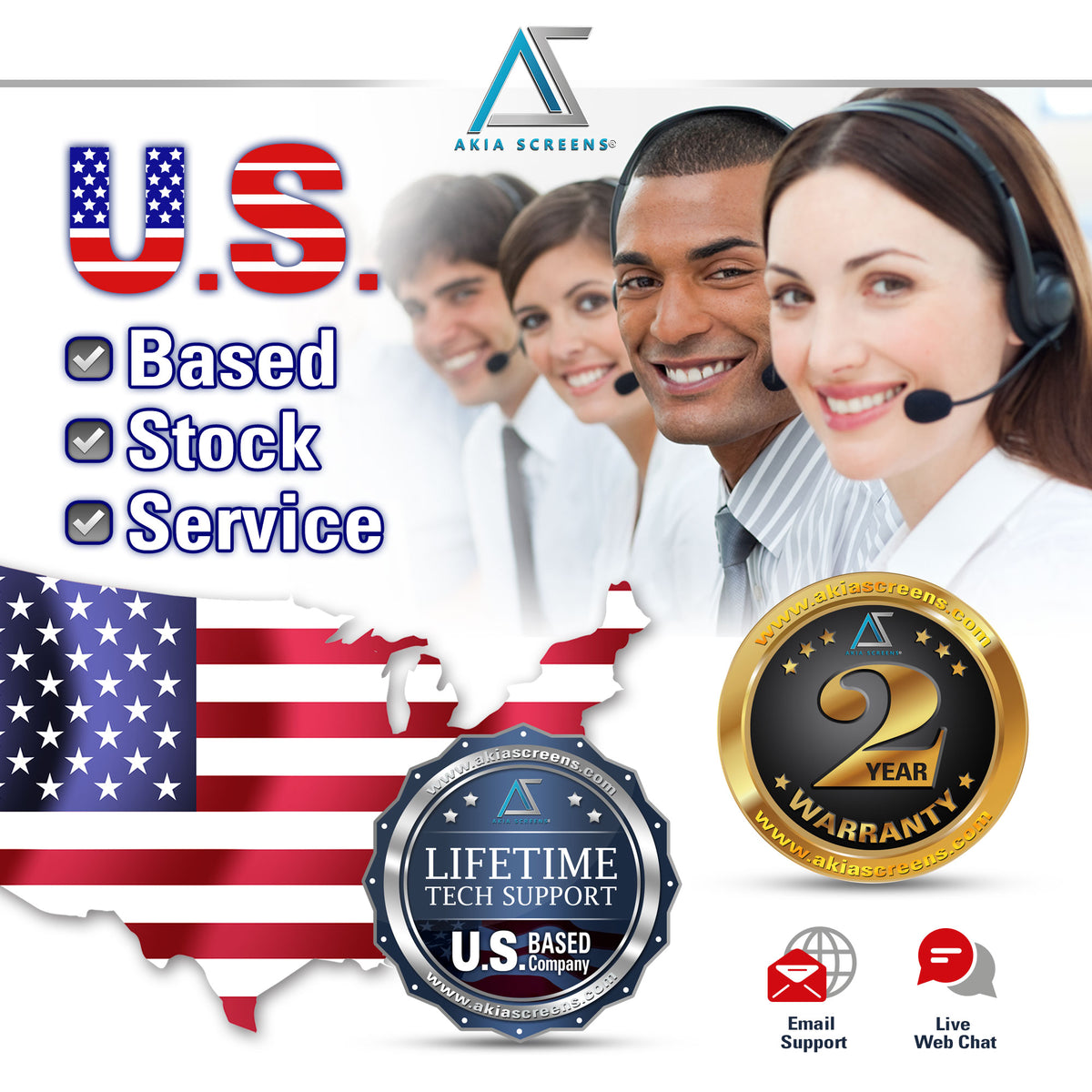Promotional graphic for Akia Screens with U.S. branding, contact information, and warranty details.