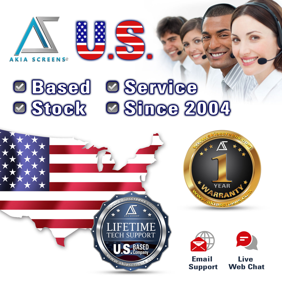 Promotional graphic for Akia Screens with U.S. branding, contact information, and warranty details.