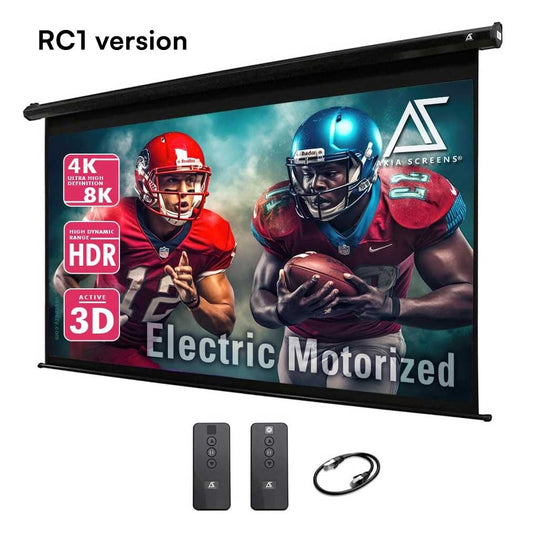 Electric motorized projector screen with football-themed display and accessories on a white background
