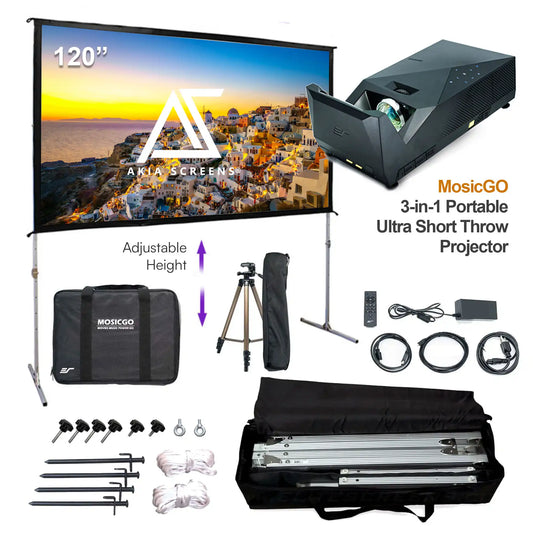 MosaicGO portable ultra-short throw projector kit with a large 120-inch projection screen, black projector, tripod, carrying bag, remote, cables, and mounting hardware on a white background.