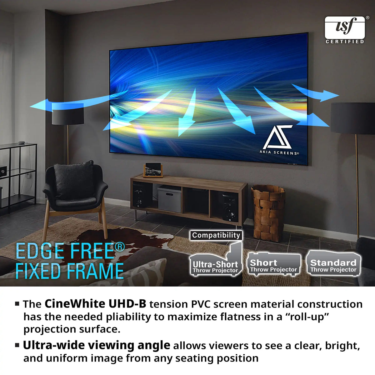 Edge Free Fixed Frame CineWhite UHD-B Projector Screen | Active 3D, 4K/8K Ultra HD Ready Tensioned Matte White Material, 100/125/145" in 16:9 Format