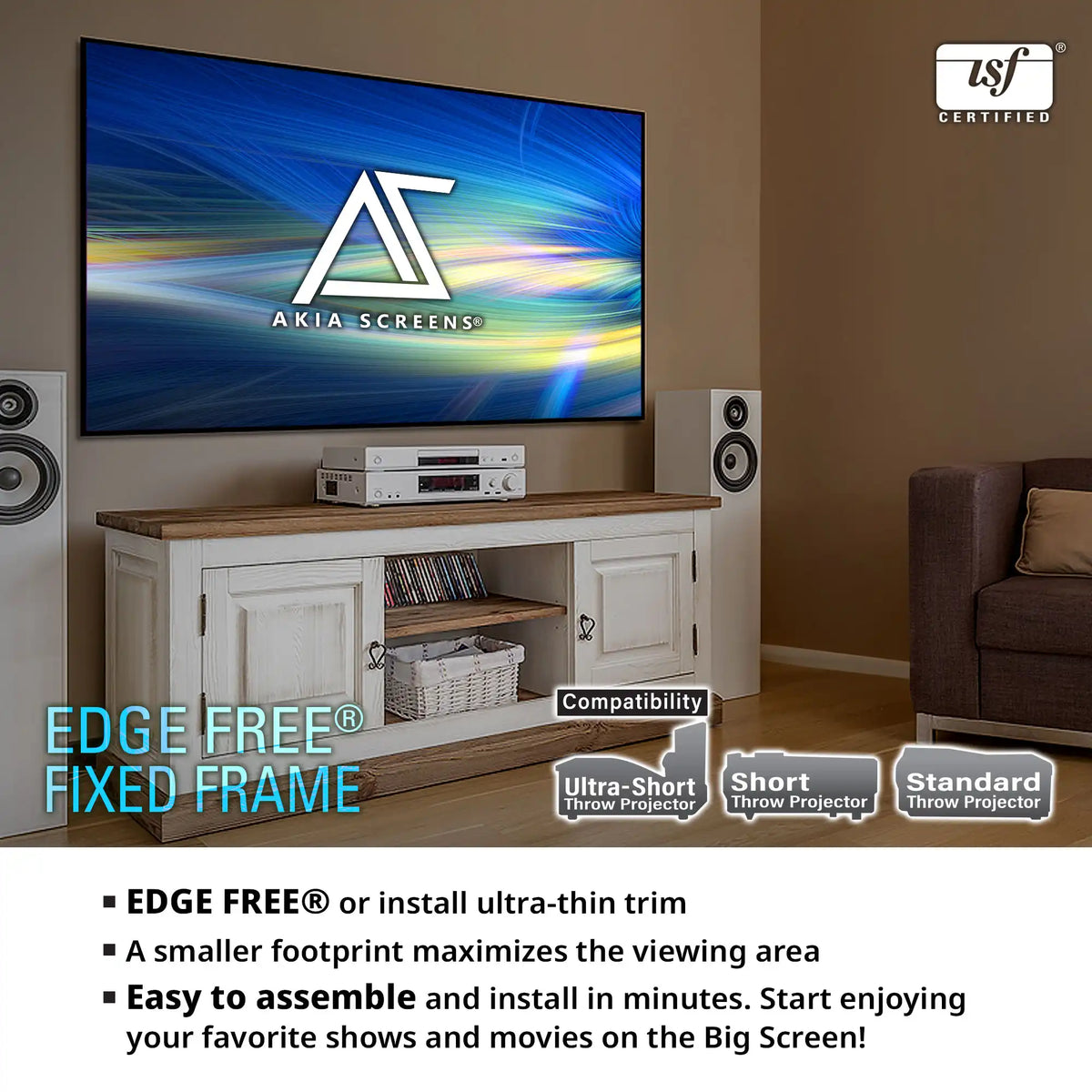 Edge Free Fixed Frame CineWhite UHD-B Projector Screen | Active 3D, 4K/8K Ultra HD Ready Tensioned Matte White Material, 100/125/145" in 16:9 Format