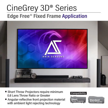 Edge Free CineGrey 3D Fixed Frame Screen | Ambient Light Rejecting (Absorbs Up to 65%) CLR/ALR Silver/Gray Material, Active/Passive 3D, 4K/8K Ultra HD Ready, 103/123" in 16:9 Format
