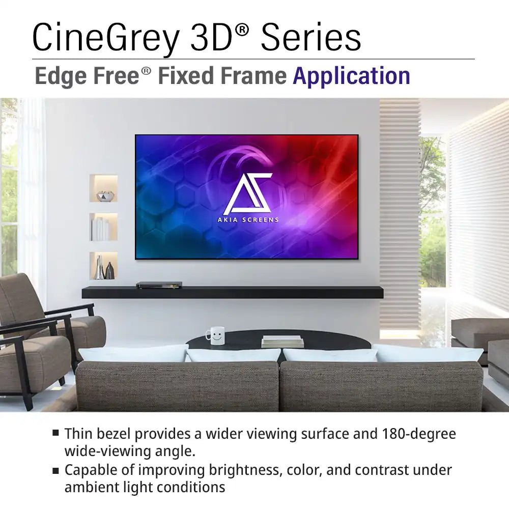 Promotional graphic for CineGrey 3D Series Edge Free Fixed Frame Application, showing a wall-mounted TV in a modern living room with sofa and text callouts about thin bezel and wide viewing angle.