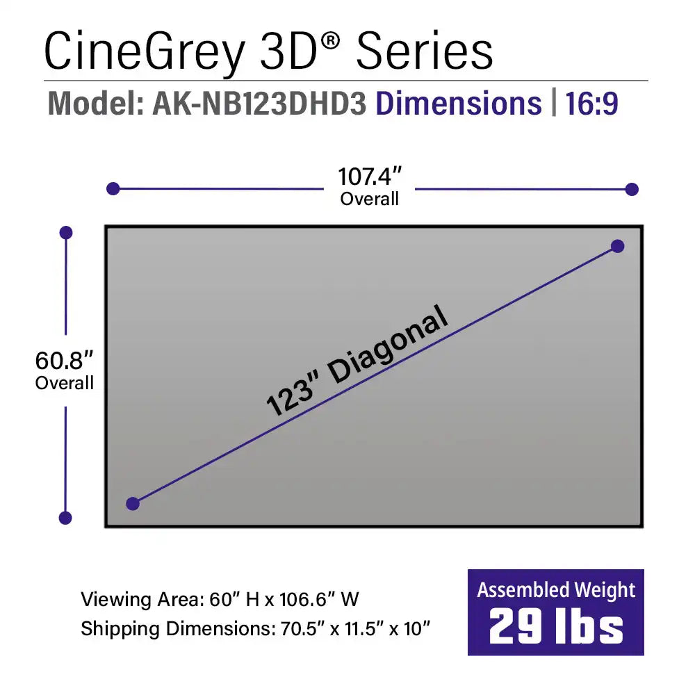 Dimension diagram for a CineGrey 3D Series screen, showing overall width of 107.4 inches, overall height of 60.