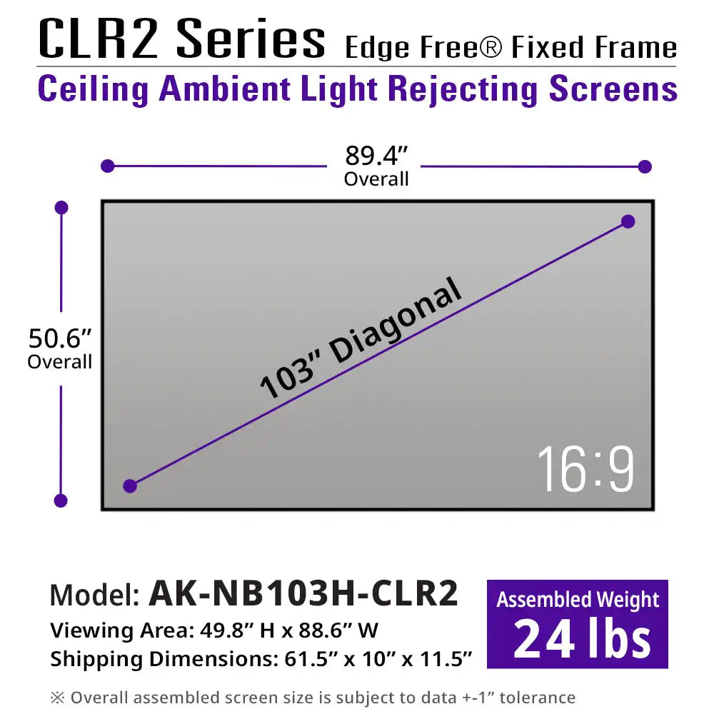 Edge Free CLR2  Fixed Frame Projector Screen | Ambient Light Rejecting (Absorbs Up to 90%) CLR/ALR Material, Active 3D, 4K/8K Ultra HD Ready, 103/123" in 19:6 Format