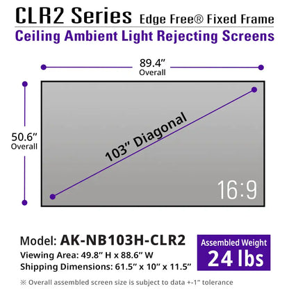 Edge Free CLR2  Fixed Frame Projector Screen | Ambient Light Rejecting (Absorbs Up to 90%) CLR/ALR Material, Active 3D, 4K/8K Ultra HD Ready, 103/123" in 19:6 Format
