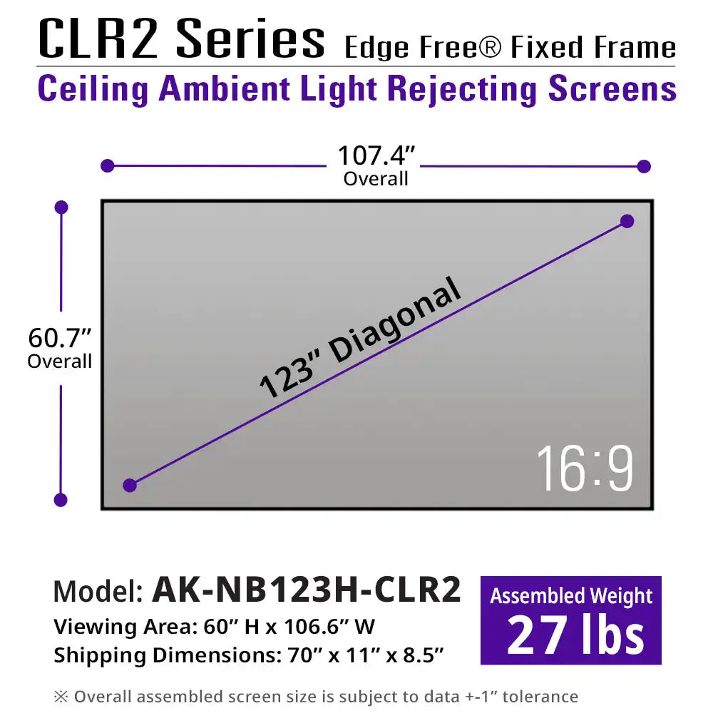 Edge Free CLR2  Fixed Frame Projector Screen | Ambient Light Rejecting (Absorbs Up to 90%) CLR/ALR Material, Active 3D, 4K/8K Ultra HD Ready, 103/123" in 19:6 Format