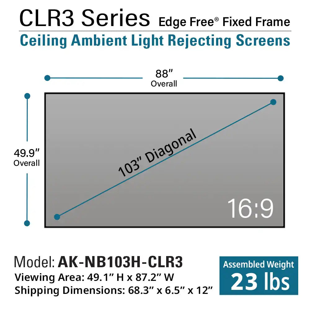 Edge Free CLR3 Fixed Frame Projector Screen | Ambient Light Rejecting (Absorbs Up to 90%) CLR/ALR Material, Active 3D, 4K/8K Ultra HD Ready, Gray Material 103"(16:9), Viewing Area : 50.2"x89.2"