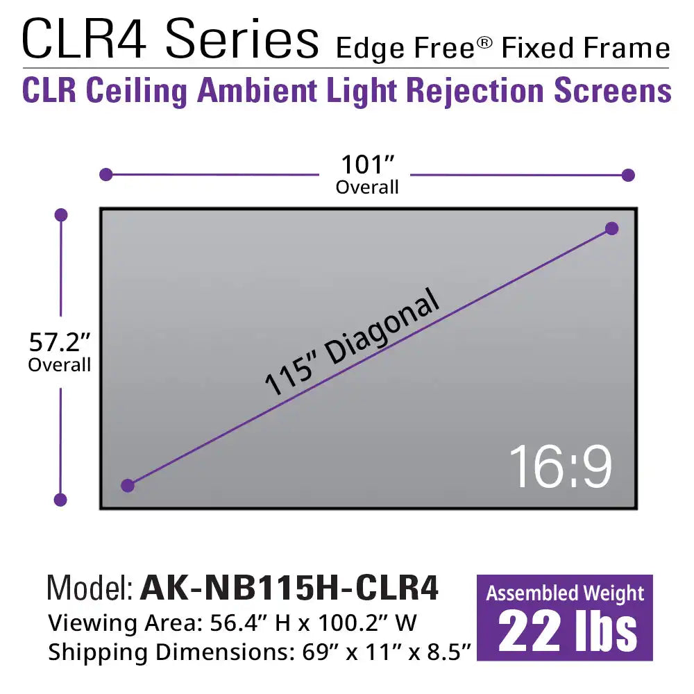 Edge Free CLR4 Fixed Frame Projector Screen | Ambient Light Rejecting (Absorbs Up to 90%) CLR/ALR Material, Active 3D, 4K/8K Ultra HD Ready, 115/123" in 19:6 Format