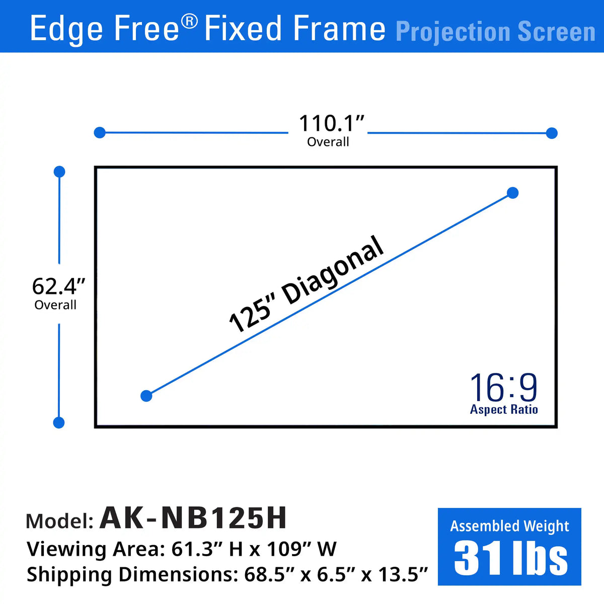 Edge Free Fixed Frame CineWhite UHD-B Projector Screen | Active 3D, 4K/8K Ultra HD Ready Tensioned Matte White Material, 100/125/145" in 16:9 Format