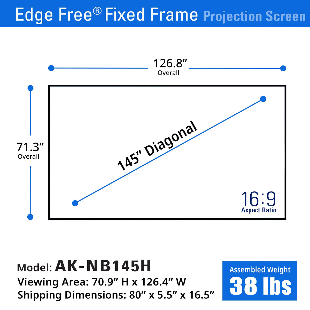 Edge Free Fixed Frame CineWhite UHD-B Projector Screen | Active 3D, 4K/8K Ultra HD Ready Tensioned Matte White Material, 100/125/145" in 16:9 Format