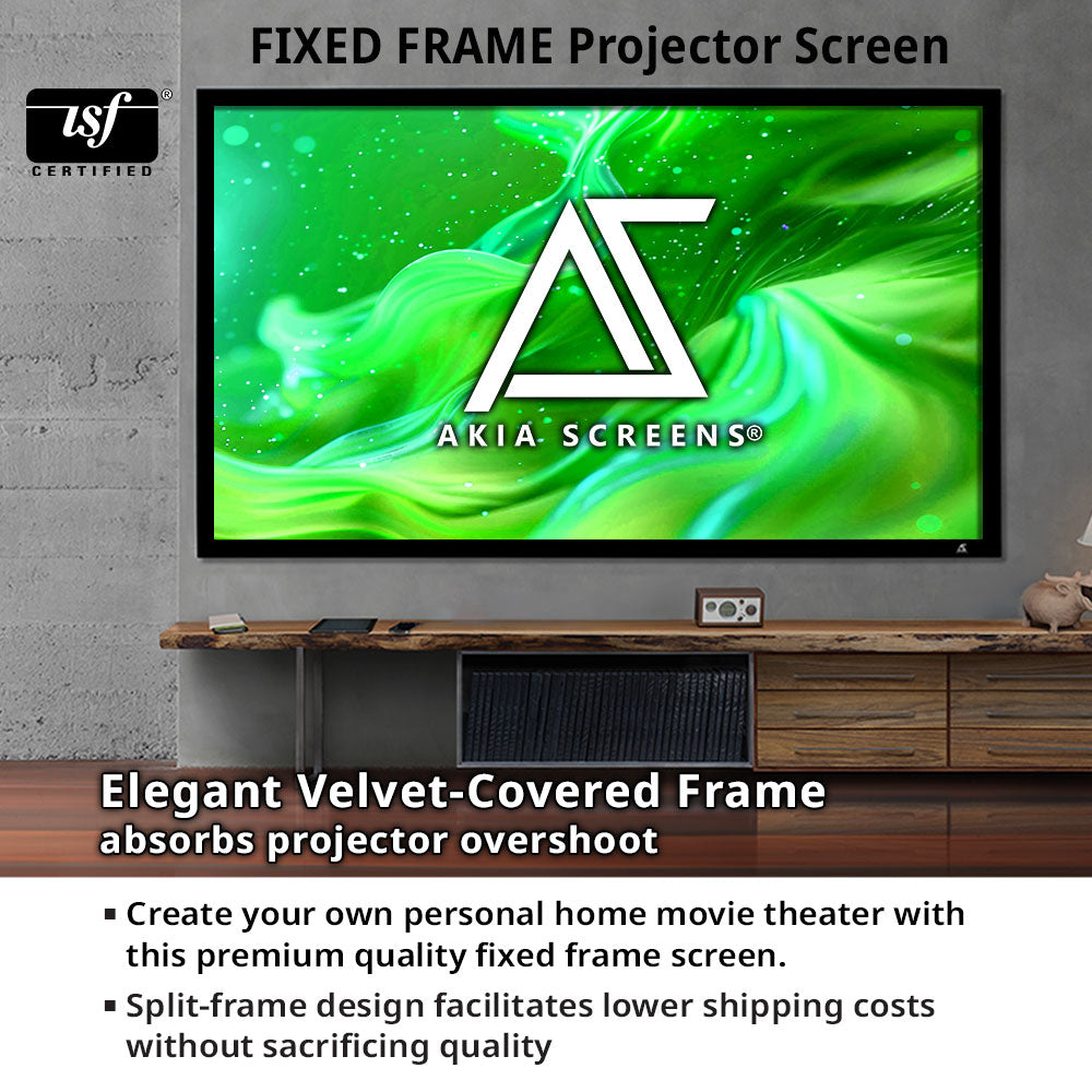 Akia Screens fixed frame projector screen with green swirling design on a wall.