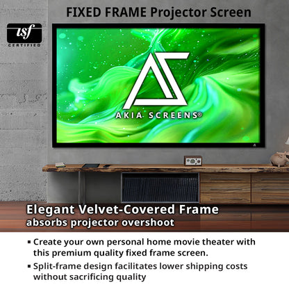 Akia Screens fixed frame projector screen with green swirling design on a wall.