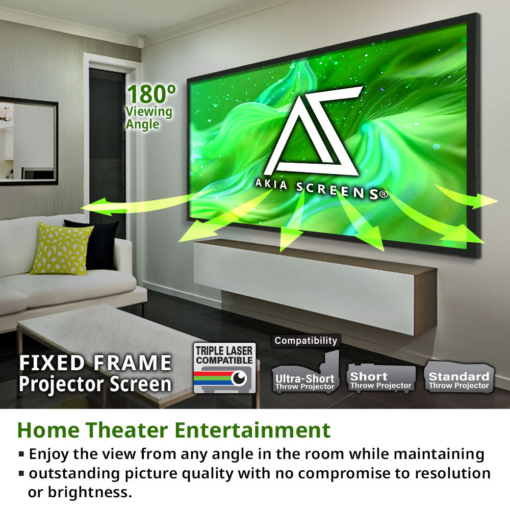 Fixed frame projector screen with Akia Screens logo in a home theater setting