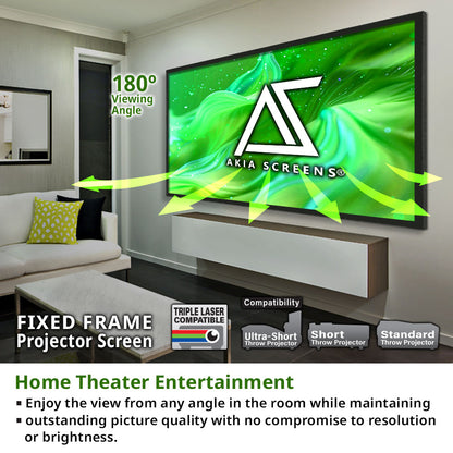 Fixed frame projector screen with Akia Screens logo in a home theater setting