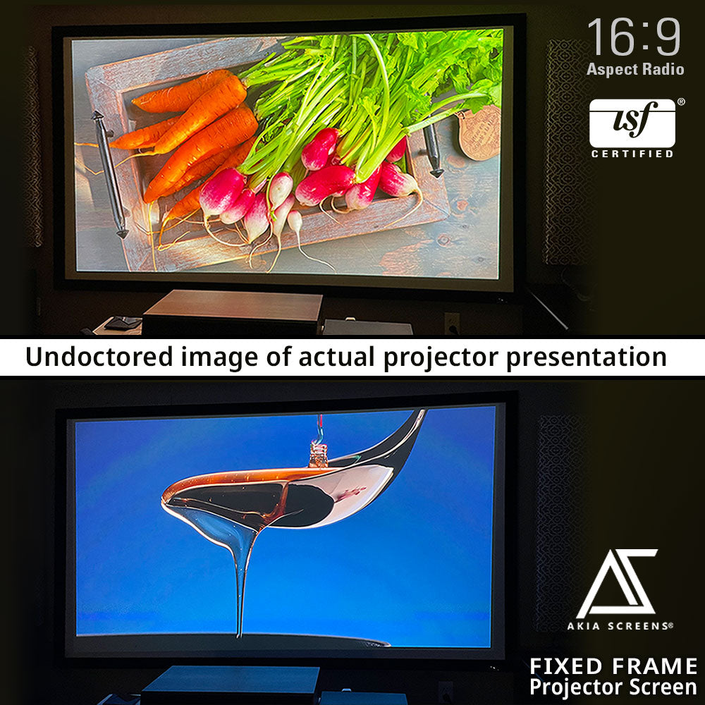 Two projector screens displaying images of vegetables and a cocktail, with screen certification logos visible.