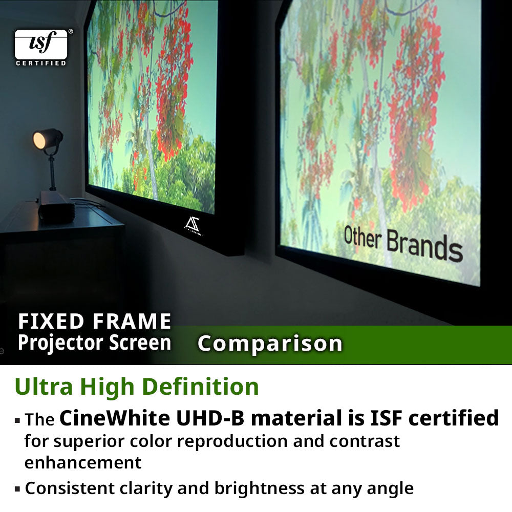 Comparison of USF certified fixed frame projector screen with other brands on a dark background.