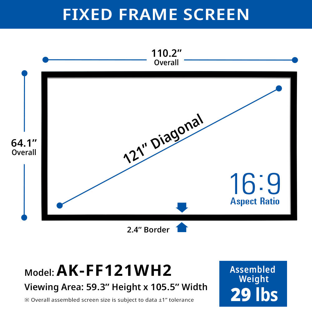 Fixed frame screen dimensions and specifications with a blue border