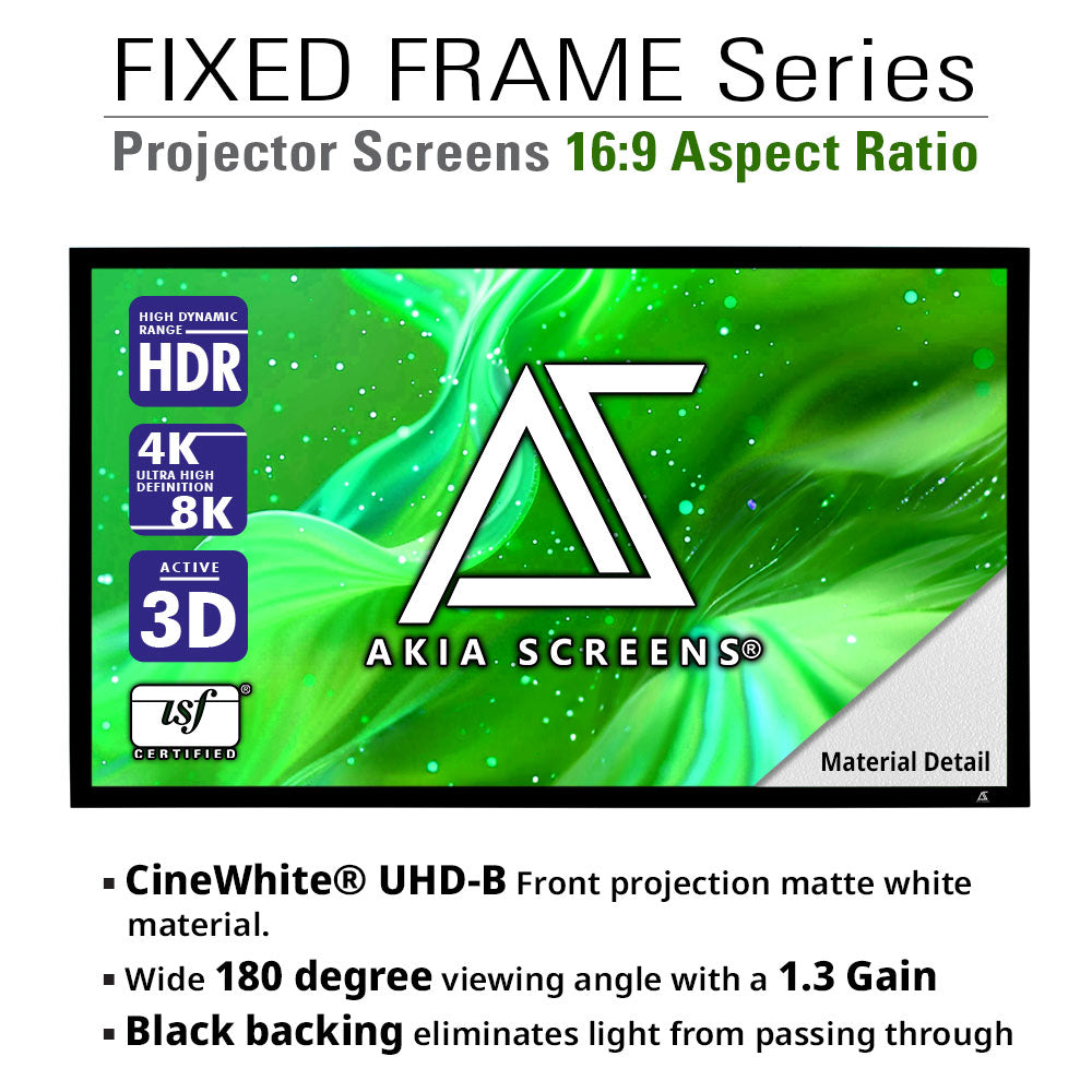 Akia Screens projector screen with green background and brand logo.