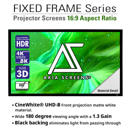 Akia Screens projector screen with green background and brand logo.