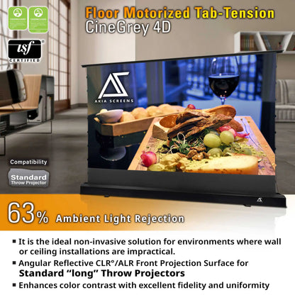 Floor Motorized Tab-Tension CineGrey 4D Projection Screen | Wrinkle Free, Ambient Light Rejecting (Absorbs Up to 63%) CLR/ALR Material, Active 3D, 4K/8K Ultra HD Ready, Silver Material, 101" (16:9). Viewable Area : 49.5"x88"