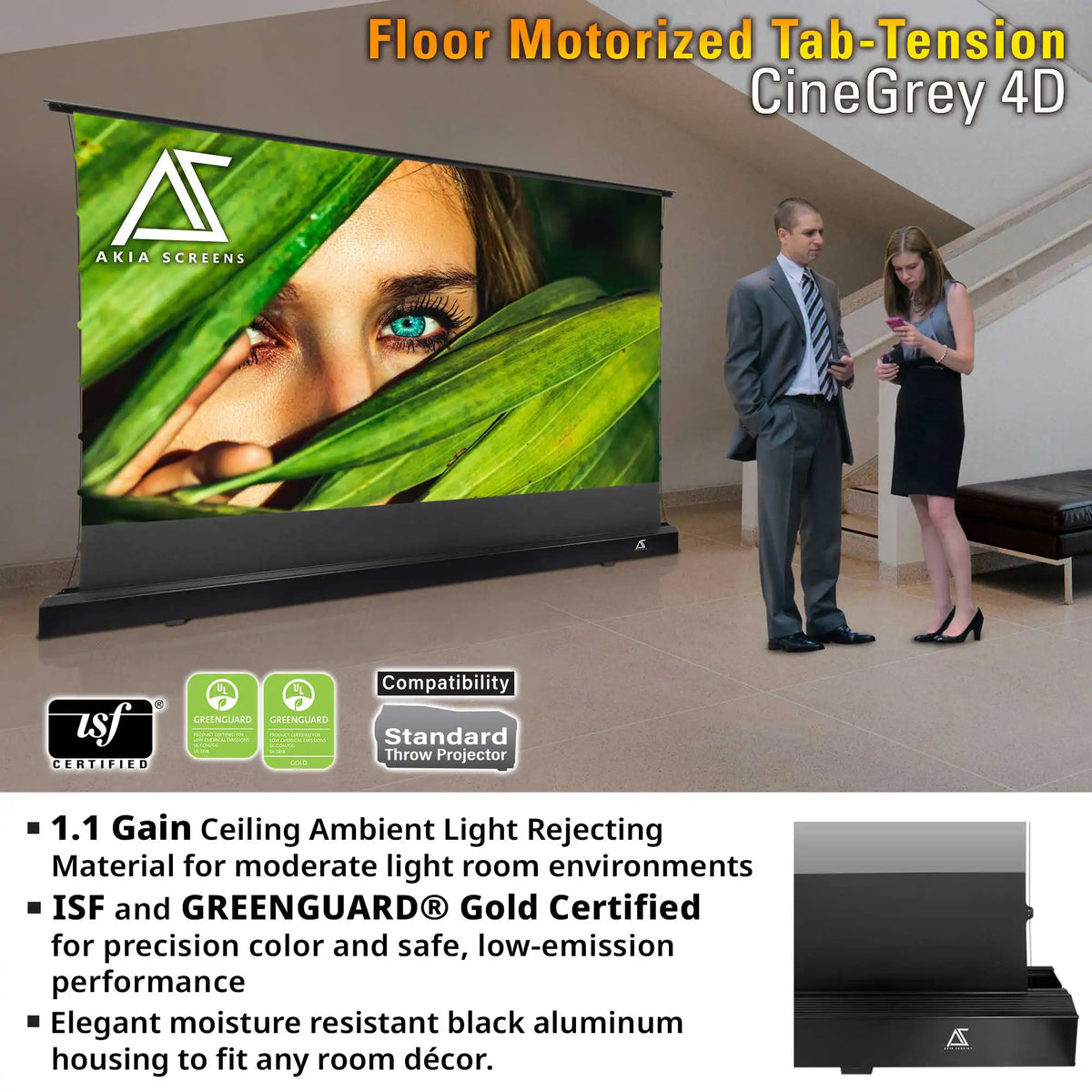 Floor Motorized Tab-Tension CineGrey 4D Projection Screen | Wrinkle Free, Ambient Light Rejecting (Absorbs Up to 63%) CLR/ALR Material, Active 3D, 4K/8K Ultra HD Ready, Silver Material, 101" (16:9). Viewable Area : 49.5"x88"