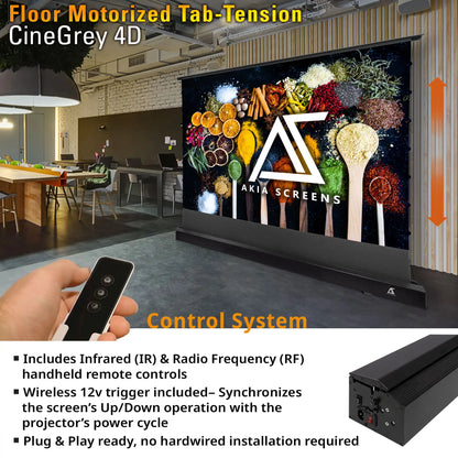 Floor Motorized Tab-Tension CineGrey 4D Projection Screen | Wrinkle Free, Ambient Light Rejecting (Absorbs Up to 63%) CLR/ALR Material, Active 3D, 4K/8K Ultra HD Ready, Silver Material, 101" (16:9). Viewable Area : 49.5"x88"