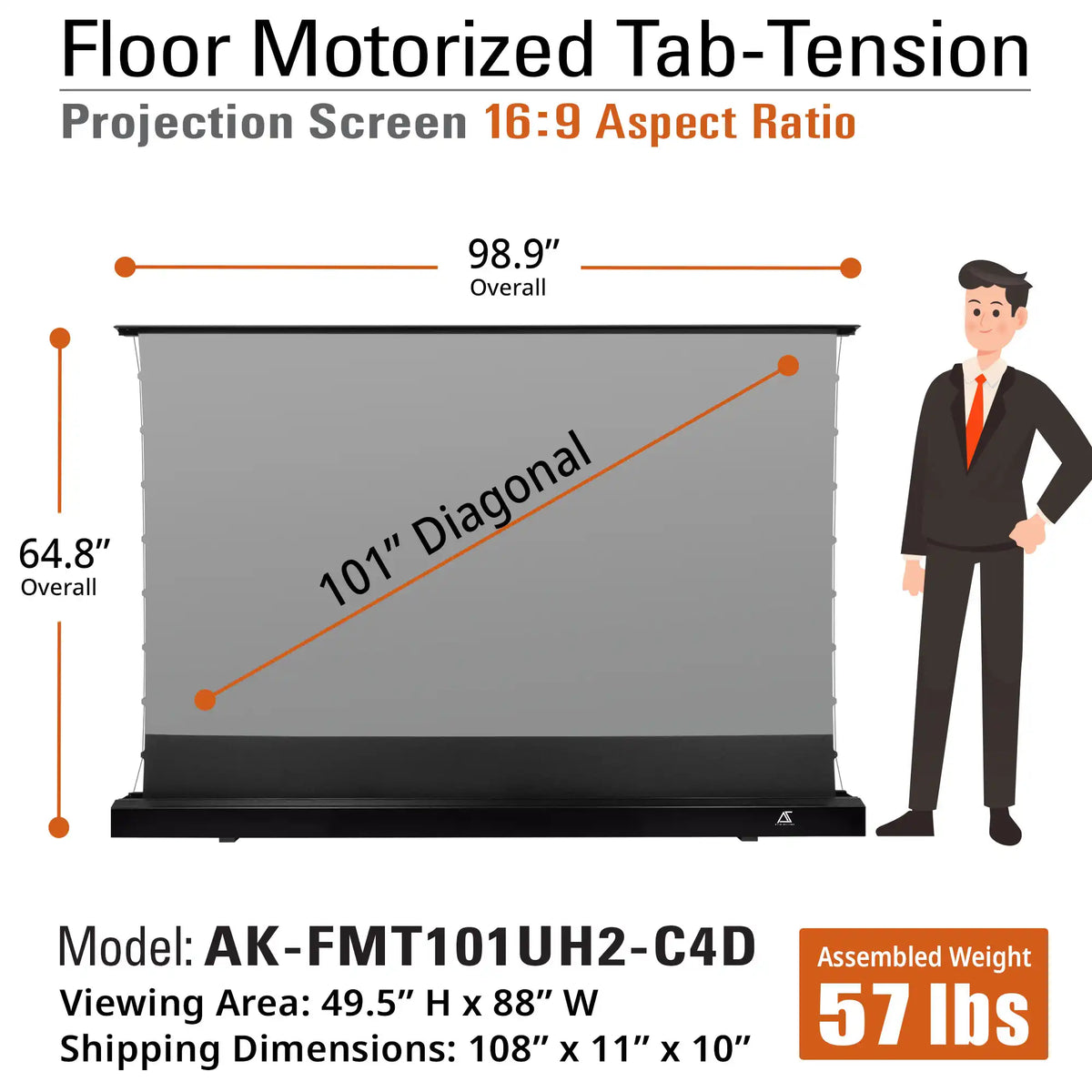 Floor Motorized Tab-Tension CineGrey 4D Projection Screen | Wrinkle Free, Ambient Light Rejecting (Absorbs Up to 63%) CLR/ALR Material, Active 3D, 4K/8K Ultra HD Ready, Silver Material, 101" (16:9). Viewable Area : 49.5"x88"