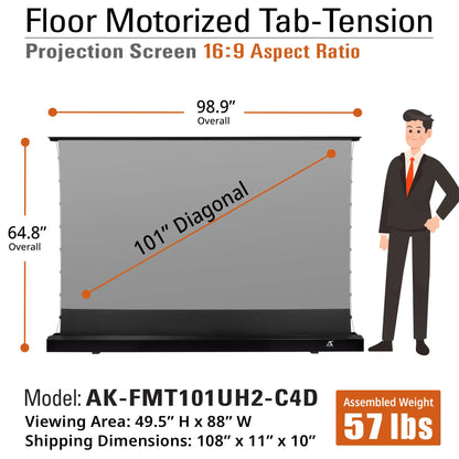 Floor Motorized Tab-Tension CineGrey 4D Projection Screen | Wrinkle Free, Ambient Light Rejecting (Absorbs Up to 63%) CLR/ALR Material, Active 3D, 4K/8K Ultra HD Ready, Silver Material, 101" (16:9). Viewable Area : 49.5"x88"