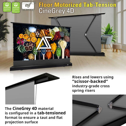 Floor Motorized Tab-Tension CineGrey 4D Projection Screen | Wrinkle Free, Ambient Light Rejecting (Absorbs Up to 63%) CLR/ALR Material, Active 3D, 4K/8K Ultra HD Ready, Silver Material, 101" (16:9). Viewable Area : 49.5"x88"