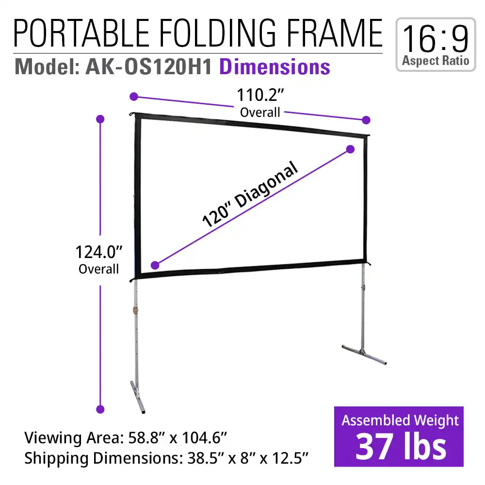 120" Indoor Outdoor Portable Fast Fold-Away Projector Screen with Adjustable Height Stands