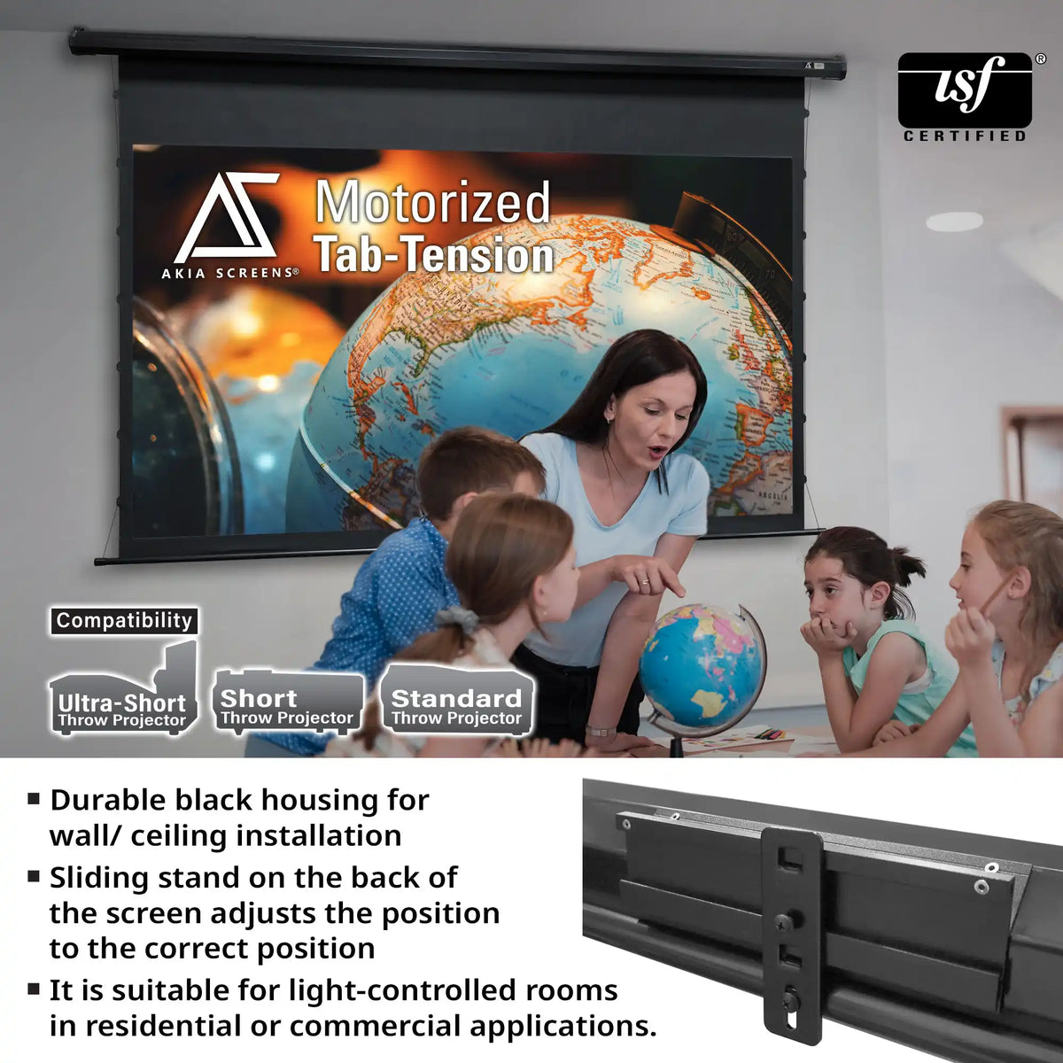 Electric Motorized Tab-Tension Projector Screen RC1® Ver. | Wrinkle Free, Active 3D, 4K/8K Ultra HD Ready Matte White Material, 105/120" in 16:9 Format