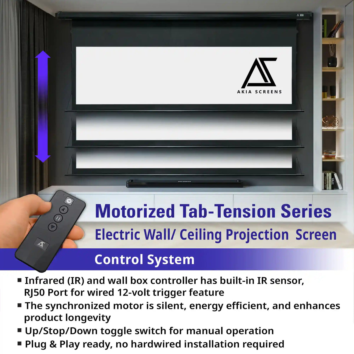Electric Motorized Tab-Tension Projector Screen RC1® Ver. | Wrinkle Free, Active 3D, 4K/8K Ultra HD Ready Matte White Material, 105/120" in 16:9 Format