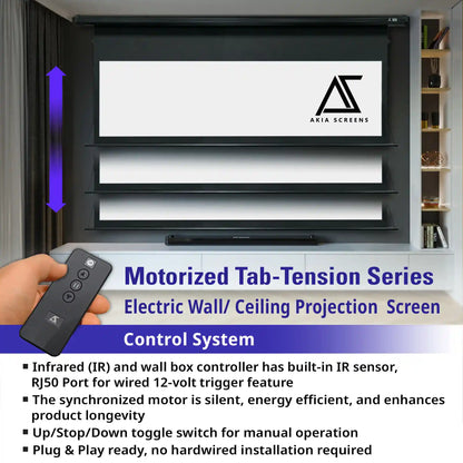 Electric Motorized Tab-Tension Projector Screen RC1® Ver. | Wrinkle Free, Active 3D, 4K/8K Ultra HD Ready Matte White Material, 105/120" in 16:9 Format