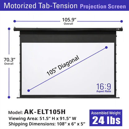 Electric Motorized Tab-Tension Projector Screen RC1® Ver. | Wrinkle Free, Active 3D, 4K/8K Ultra HD Ready Matte White Material, 105/120" in 16:9 Format