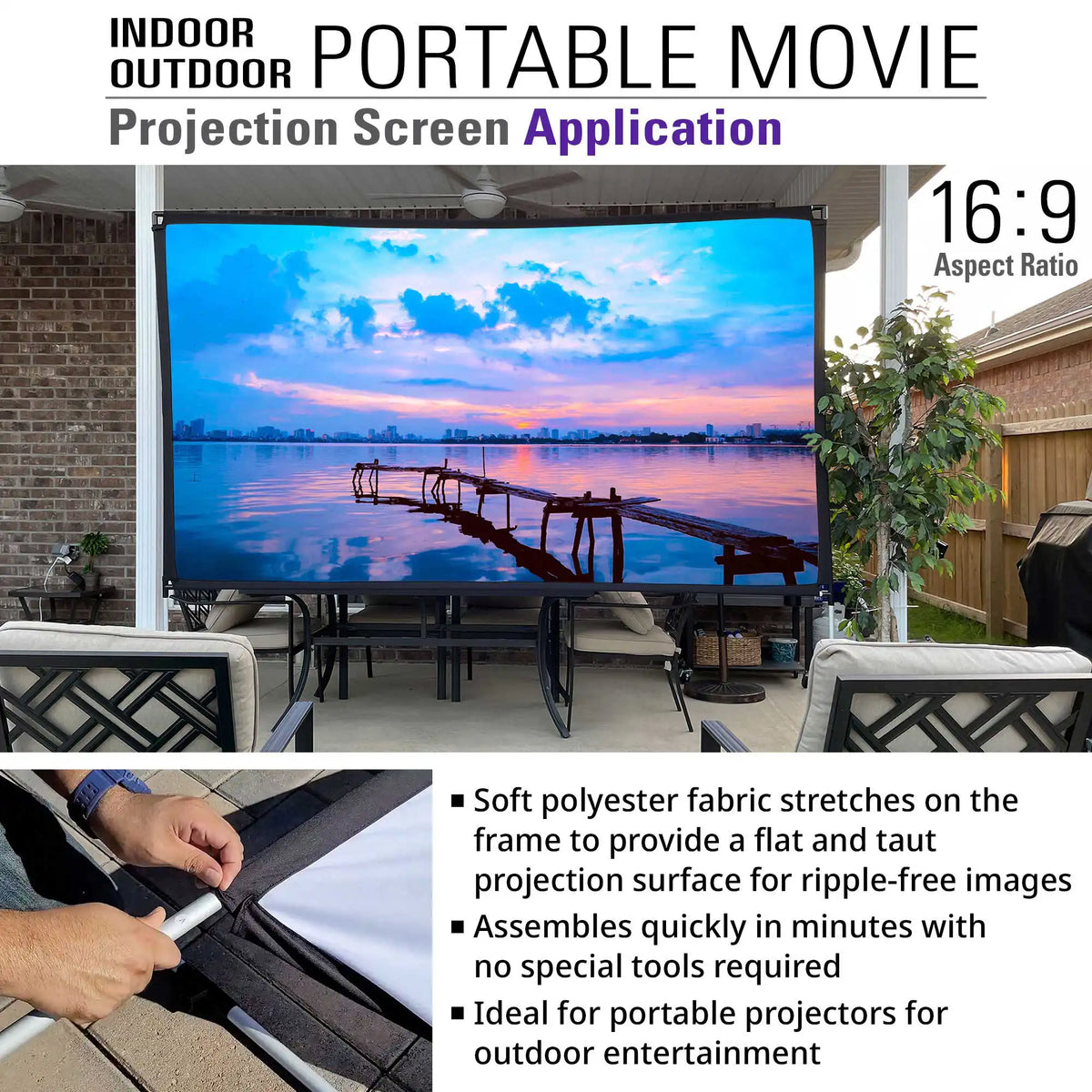 Light-Weight Outdoor/Indoor Portable Front & Rear Projector Screen with Stand and Bag, 125"(16:9), Viewing Area : 62.6"x108.7"