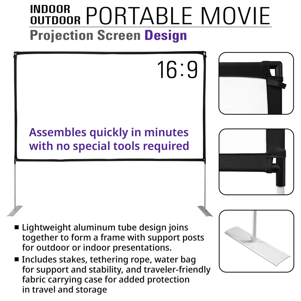 Light-Weight Outdoor/Indoor Portable Front & Rear Projector Screen with Stand and Bag, 125"(16:9), Viewing Area : 62.6"x108.7"