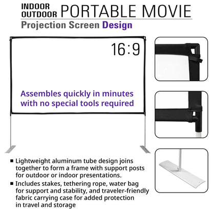 Light-Weight Outdoor/Indoor Portable Front & Rear Projector Screen with Stand and Bag, 125"(16:9), Viewing Area : 62.6"x108.7"