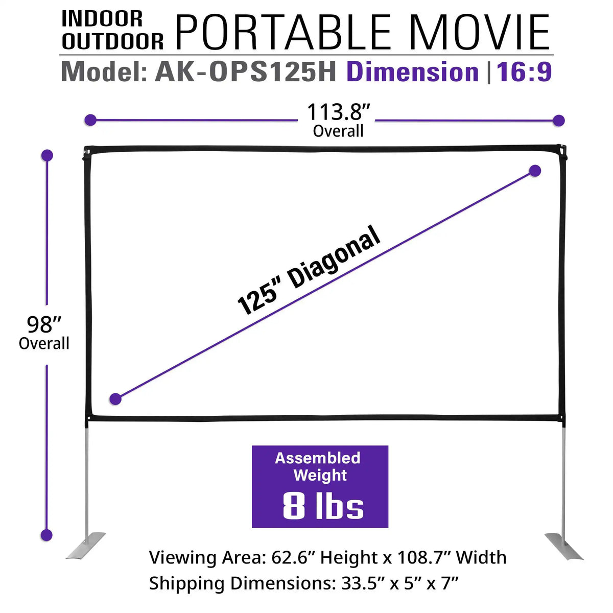 Light-Weight Outdoor/Indoor Portable Front & Rear Projector Screen with Stand and Bag, 125"(16:9), Viewing Area : 62.6"x108.7"