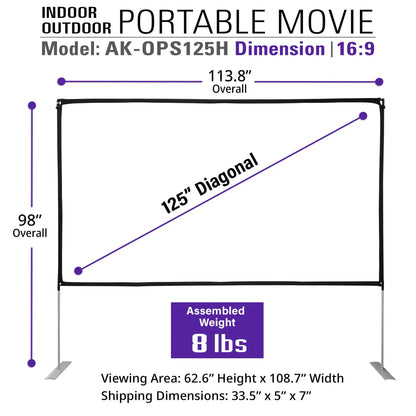 Light-Weight Outdoor/Indoor Portable Front & Rear Projector Screen with Stand and Bag, 125"(16:9), Viewing Area : 62.6"x108.7"