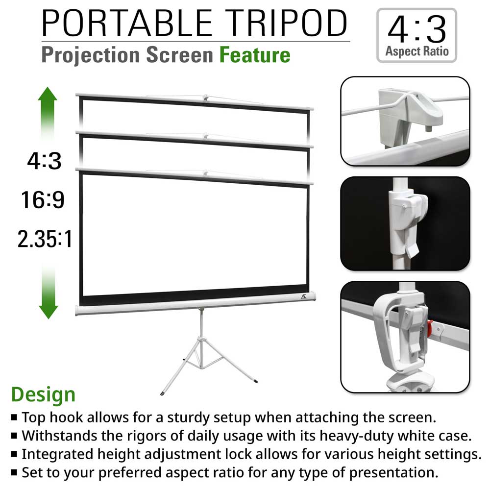 Portable Tripod Projector Screen | Active 3D, 4K/8K Ultra HD Ready Matte White Material, 100-inch, Viewing Area : 70.7"x70.7"