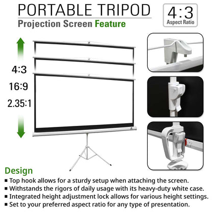 Portable Tripod Projector Screen | Active 3D, 4K/8K Ultra HD Ready Matte White Material, 100-inch, Viewing Area : 70.7"x70.7"