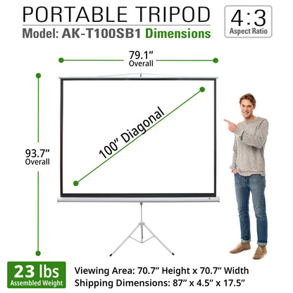 Portable Tripod Projector Screen | Active 3D, 4K/8K Ultra HD Ready Matte White Material, 100-inch, Viewing Area : 70.7"x70.7"