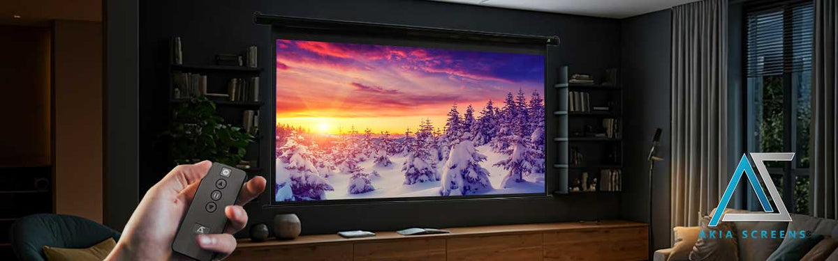 A hand holding a remote control in front of a large retractable home theater screen showing a snowy winter sunset scene. The room has dark walls, bookshelves, and a window with curtains.