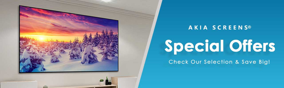 A large wall-mounted TV displaying a snowy winter forest sunset scene, shown in a modern interior with a blue promotional sidebar on the right reading 'AKIA SCREENS Special Offers'.
