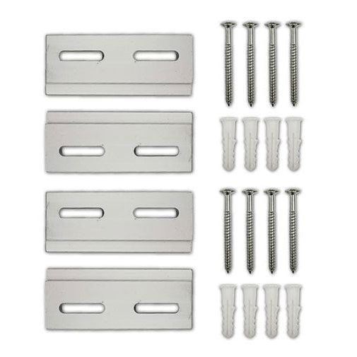 Metal brackets and screws on a white background